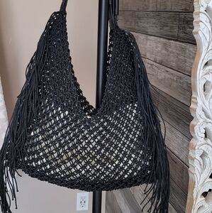 AllSaints Fringe Black Macrame Shoulder Bag